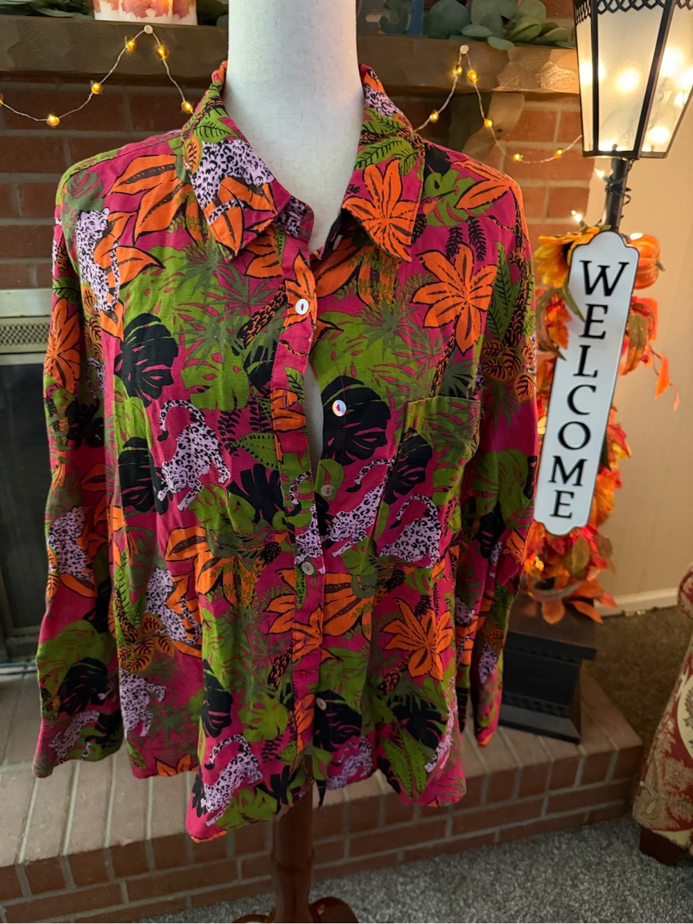 C&C California Tropical Print Button Down Blouse 1X Pink Orange Green